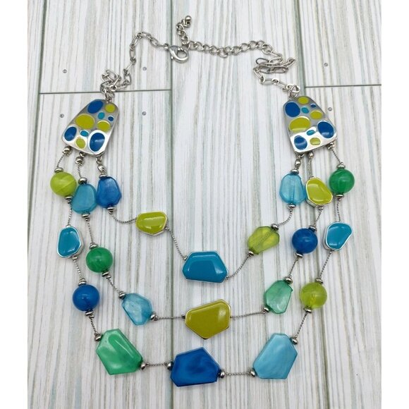 Cute & Colorful Multi Strand Silver Tone Statement Necklace Blue & Green Beads - Picture 9 of 9